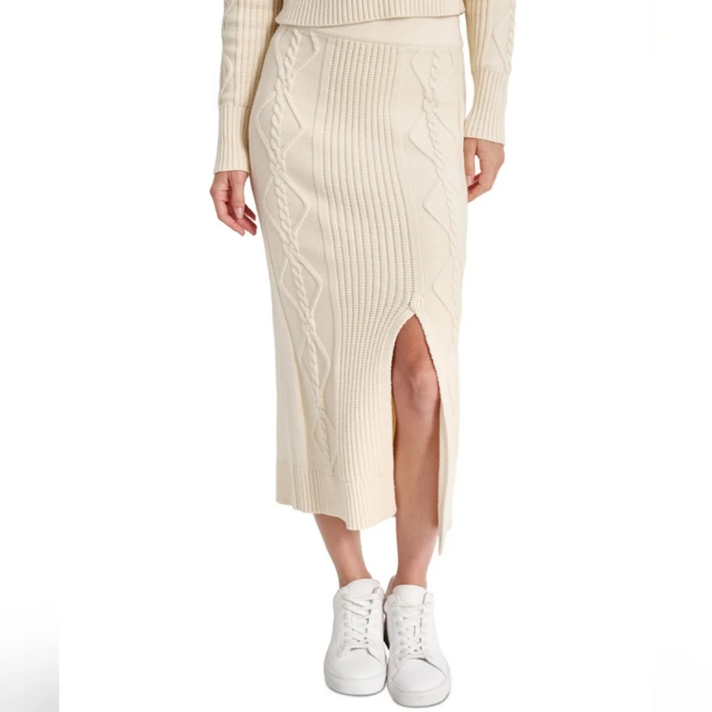 DKNY WOMEN'S CABLE KNIT SWEATER MIDI SKIRT SIZE LARGE NWT